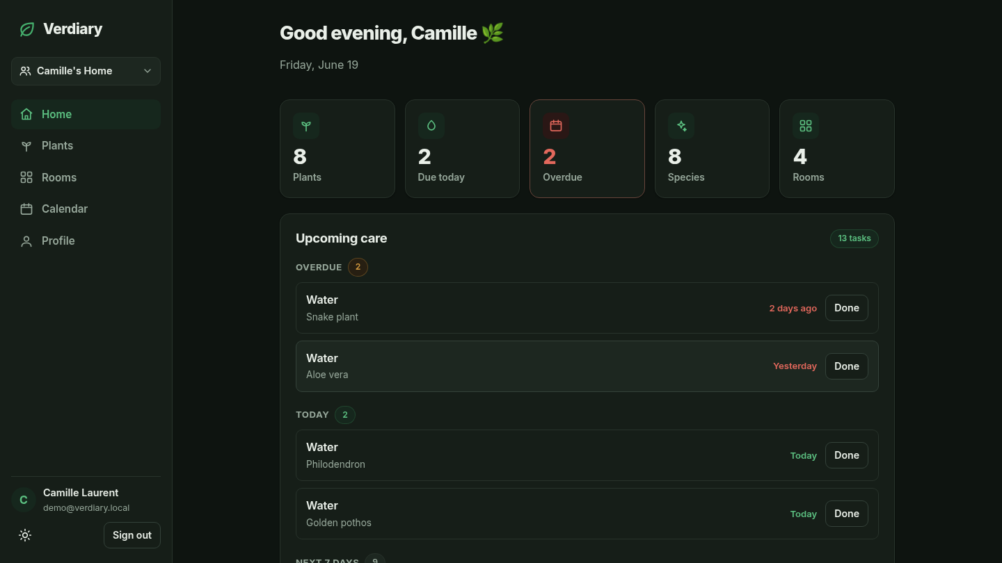 The Verdiary dashboard in dark mode