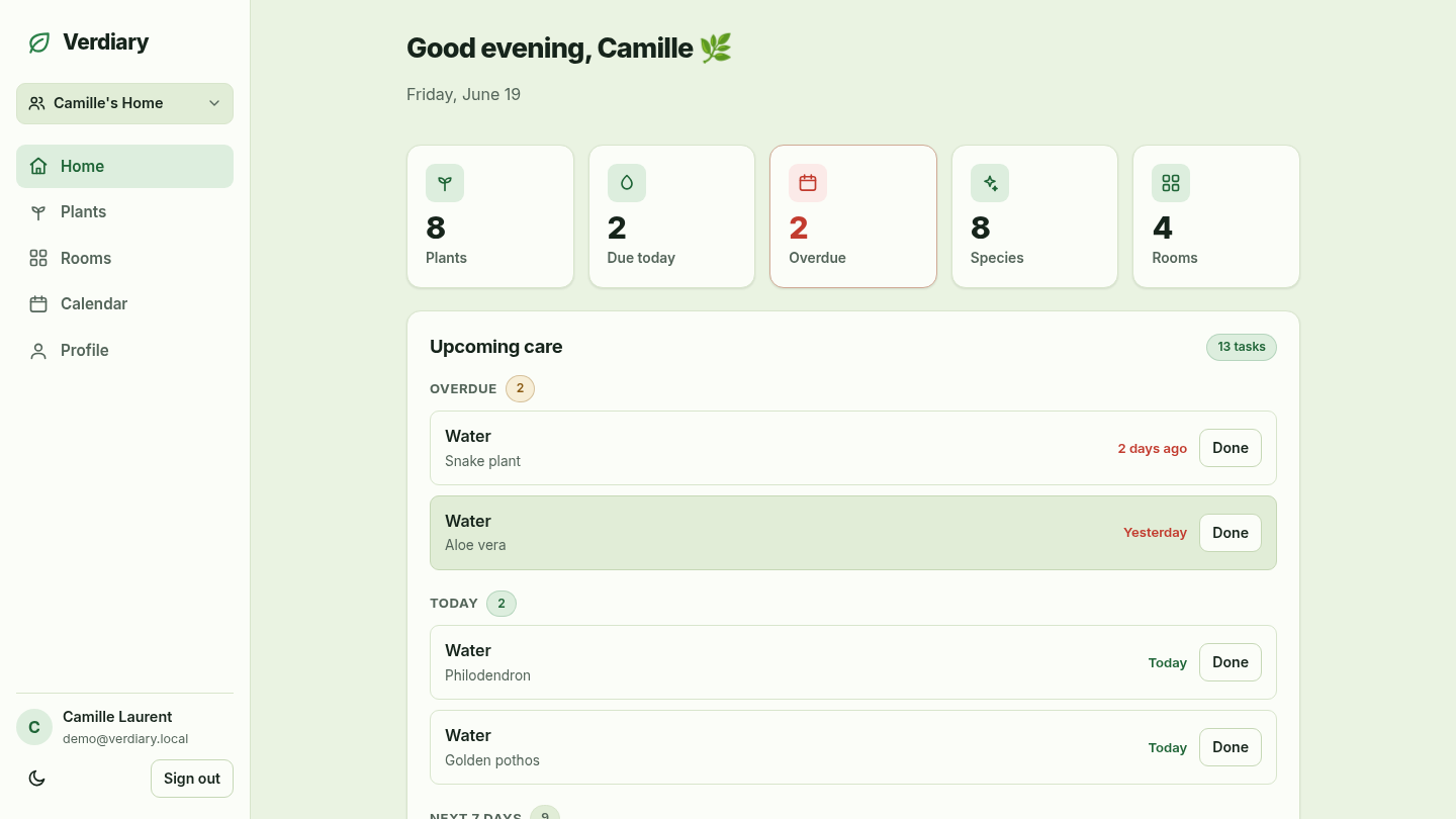 The Verdiary dashboard showing plant stats and upcoming care