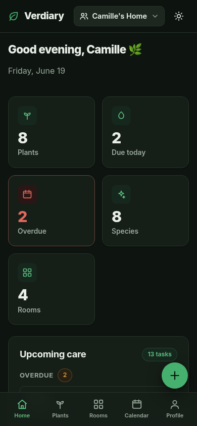 The Verdiary dashboard on a phone in dark mode